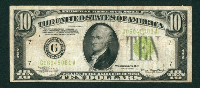 $10 1934 LGS LIME ((LIGHT GREEN SEAL)) Federal Reserve DAILY CURRENCY AUCTIONS 2