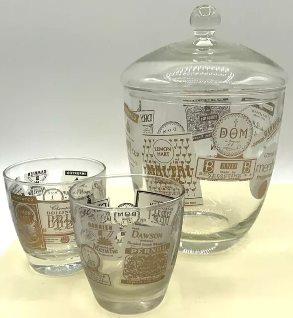Vintage Glass Ice Bucket & 2 Matching Glasses Liquor Mai Tai Dom Brut Pimm's Bar