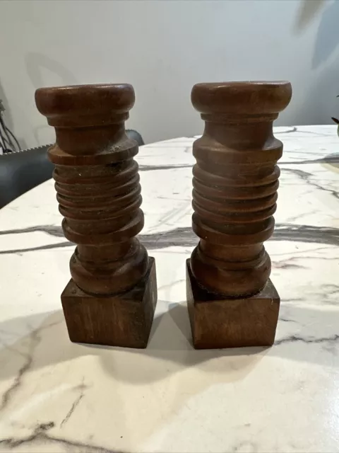 Antique Hand Turned Wooden  Candle Stick Holder Pair X2 Walnut From Pioneer Tree