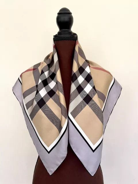 New Burberry Scarf Beige Check Haymarket Gray Border Silk Wrap