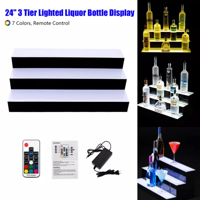 24" LED BOTTLE BAR RACK SHELF, Three Steps, Color Changing Lights, Glass Display