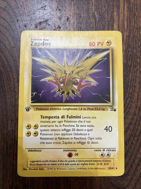 zapdos pokemon card 1st edition PSA 9 MINT Lightning Thunderbolt (100) Discard all Energy cards attached to Zapdos in order to use this attack. Zapdos Value Zapdos 30/62 Fossil