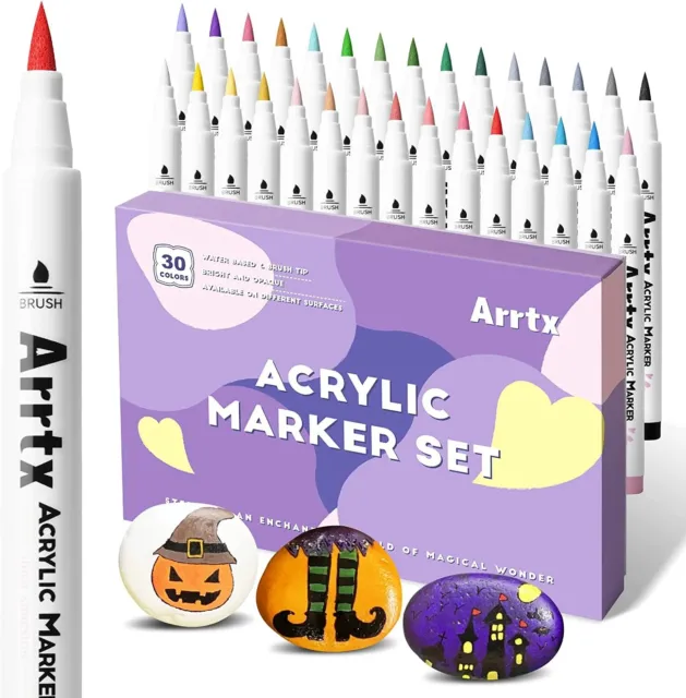 Arrtx Acrylic Paint Brush Pens for Rock Painting, 30 Colors Premium Graffiti Sup