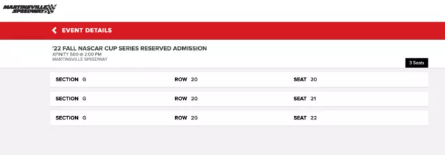 NASCAR 3 Tickets in Section G for Sundays (10/30) XFinity Cup Race