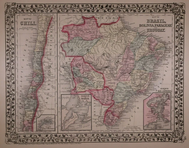Authentic 1878 Mitchell's Atlas Map ~ BRAZIL, CHILI, BOLIVIA ~ FreeS&H