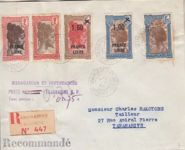 1944 recommended letter from MADAGASCAR obl TANANARIVE for Tananarive FREE FRANCE