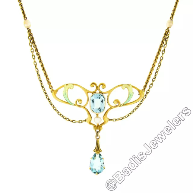 Ancien Art Nouveau 14K Or Aigue-Marine & Perle Émail Pendantes Collier 3