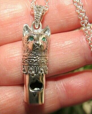Victorian Style 925 Sterling Silver Emerald Kitty Cat Whistle Necklace Pendant