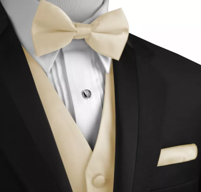 Men's Champagne Satin Formal Tuxedo Vest, Bow-Tie & Hankie Set XS - 6XL