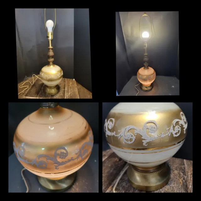 Vintage Hollywood Regency Glass Table Lamp Gold & White Textured W Night Light