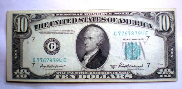 $10 Ten Dollar FRN Bill 1950B Bank of Chicago G77678794 E-Small Head  VF  (432n)