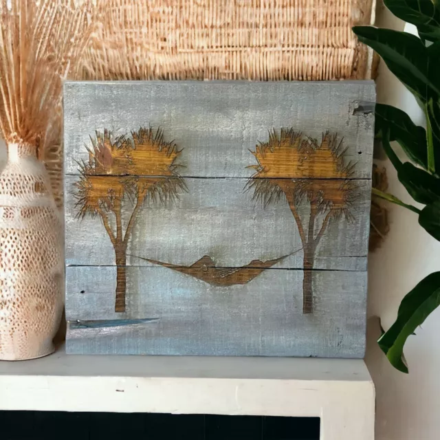 Engraved Hammock And Palm Tree On Reclaimed Wood Art
