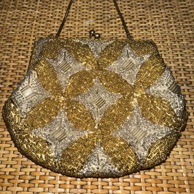 Vintage Gold Beaded Walborg 5.5”Clutch  Kiss Lock Evening Bag Made In Hong Kong 3