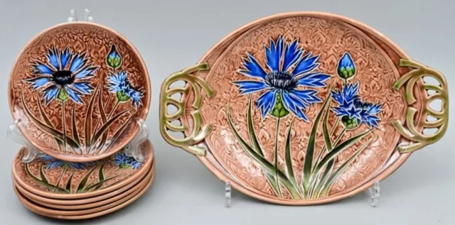 6 Teller u. Schale, Majolika Villeroy und Boch - Schramberg,1887-1900. Kornblume