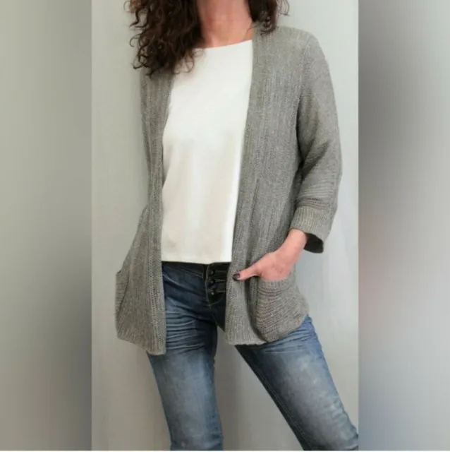 Eileen Fisher Knit Silk Linen Blend Gray Open Cardigan Sweater XS Lagenlook
