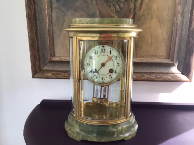 Stunning Oval Four Glass And Onyx Striking Mantle Clock