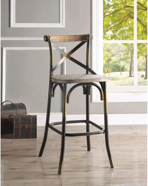 Benzara Wooden and Metal Bar Height Chair with X-Style Panel Back, Copper Finish