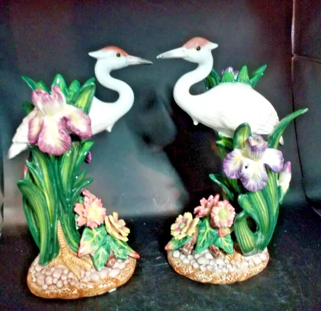 FITZ AND FLOYD EGRET AND WILDFLOWERS, PAIR Heron Crane Candleholders wood base