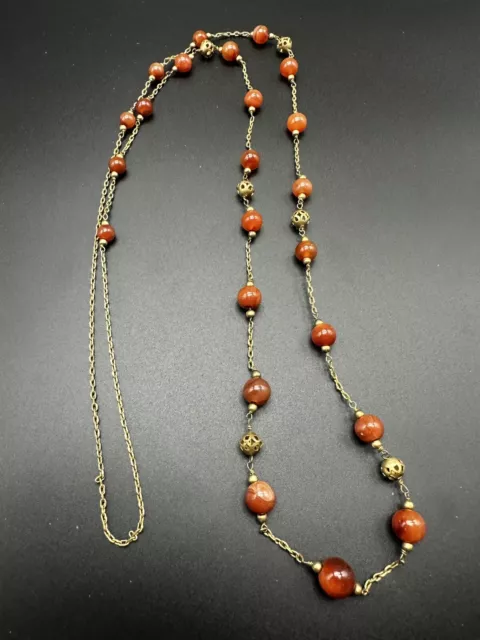 VINTAGE GRADUATED GENUINE carnelian metal ball beaded necklace 42” 36g ...