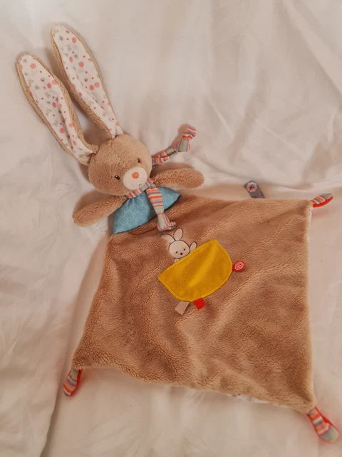 Doudou Plat Nicotoy Lapin Beige Marron Bleu Poche Jaune Fleur Etat Neuf