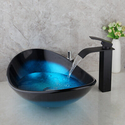 Grifo mezclador de vidrio templado ovalado para baño azul recipiente y grifo negro en cascada