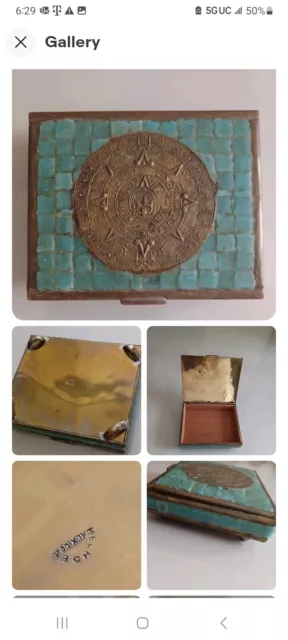 Vintage Made in Mexico Cigarette Box Brass & Mexican Jade Aztec Calendar