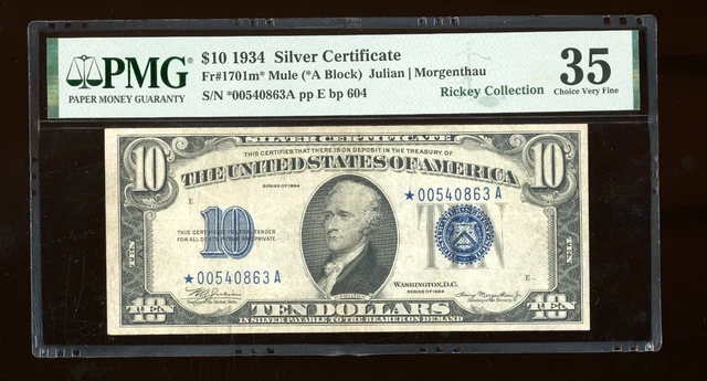 DBR 1934 $10 Silver Mule STAR Fr. 1701m* PMG 35 Serial *00540863A