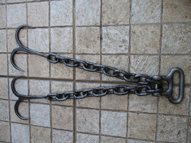 Antique Wrought Iron 2 Double Hook With Chain Hanging Kitchen Rustic Farm Tool 6