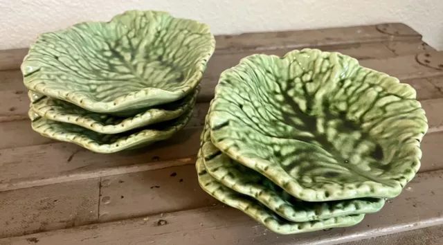 1930s Sarreguemines Faïence Majolica Glazed Green Cabbage Leaf Shallow Bowl Set