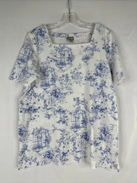 Chicos Floral Graden Top Womens Size 1 White Blue Short Sleeve Cotton Pockets