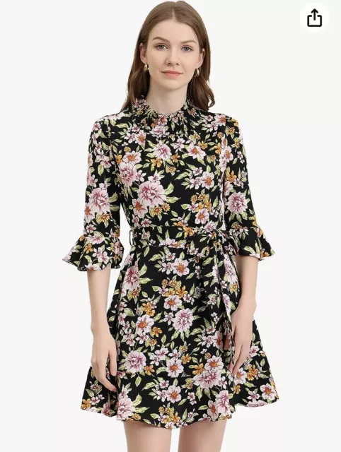 Allegra K Womens Medium Dress Floral Black Ruffle 3/4 Sleeve Mock Neck NEW