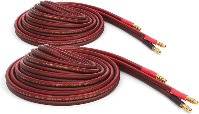 14 Gauge Pure Copper Speaker Wire, 12 Feet 2 Pack, Gold Plated Banana Plugs, Sol