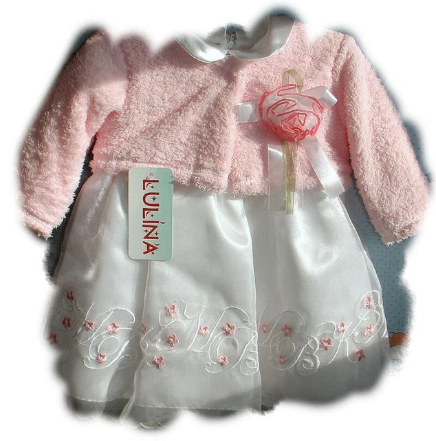 ABITO da battesimo bambina (3pz) vestito CERIMONIA bianco rosa pellicciotto 1555