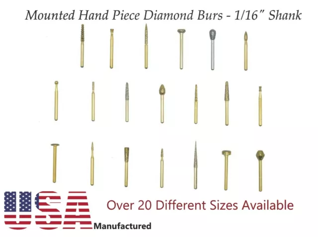 6 Pieces -Mounted Hand Piece Diamond Burs - 1/16" Shank - Pick a Size & Amount!