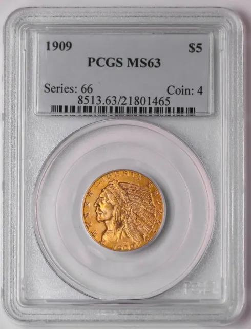 1909 $5 Five Dollar Gold Indian Head Liberty Half Eagle Coin PCGS MS-63