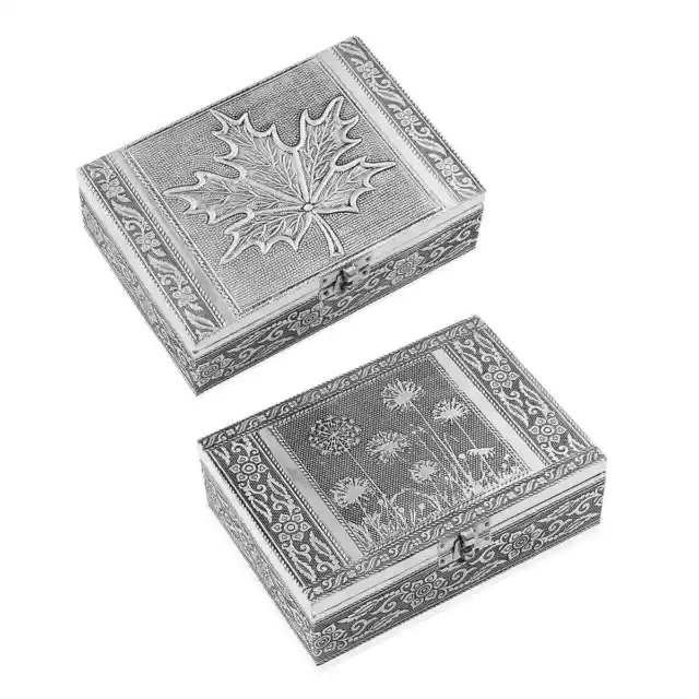 Set of 2 Aluminium Oxidized Leaf Embossed Jewelry Organizer Box Storage