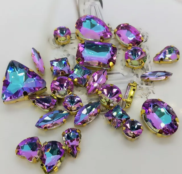25 Mixed Sew On Crystals Glass Diamante Gold Claw Set Rhinestone Gems Violet AB