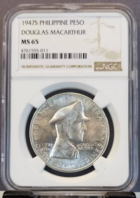 1947 S Philippines Silver 1 Peso Douglas Macarthur Ngc Ms 65 Bright Gem Bu