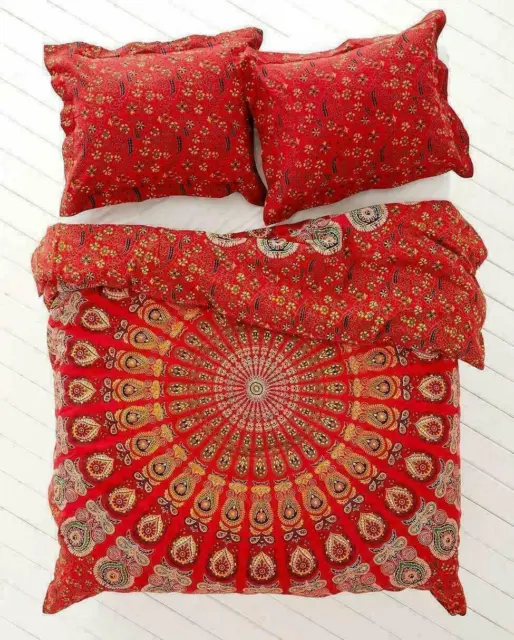 Indian Peacock Mandala Bedding Set Cotton Queen Size Quilt Duvet Cover Throw Art