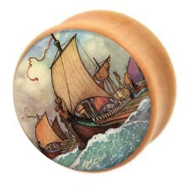 PAIR WOOD VIKING SHIP Ear Tunnels Flesh Tunnels Ear Gauges Ear Plugs HAND MADE