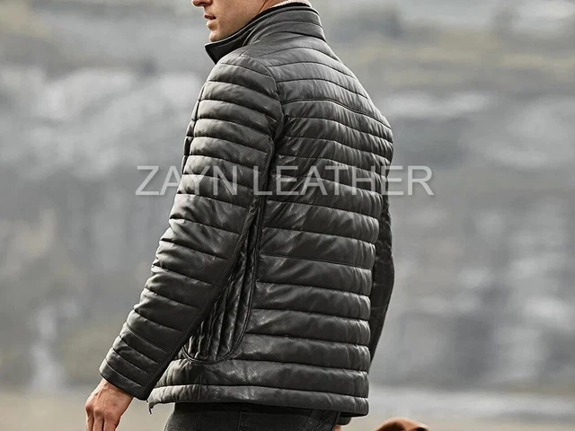 Men Puffer Quilted Leather Jacket Biker Motorcycle Genuine Lambskin Black Jacket 3