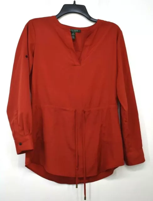 Lauren Ralph Lauren Petite Womens Red Long Sleeve Tie-Waist Shirt Blouse PS