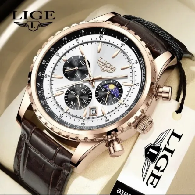 Orologio Cronografo Uomo Classico Luxury Lige Quarzo 46Mm Gold White Nuovo 2023
