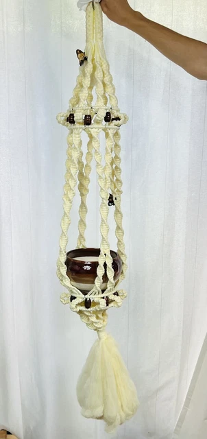 Vintage 44 In Wood Bead Macrame Plant Hanger Butterfly Bead Boho Retro Handmade