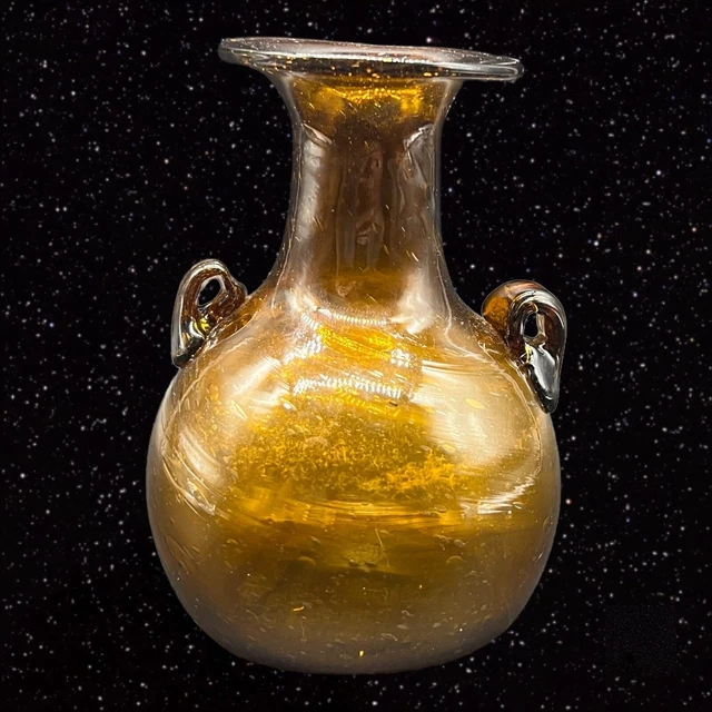 Hand Blown Glass Vase with Bubbles Amber Two Handles Glass Vintage 5.5”T 2.5”W