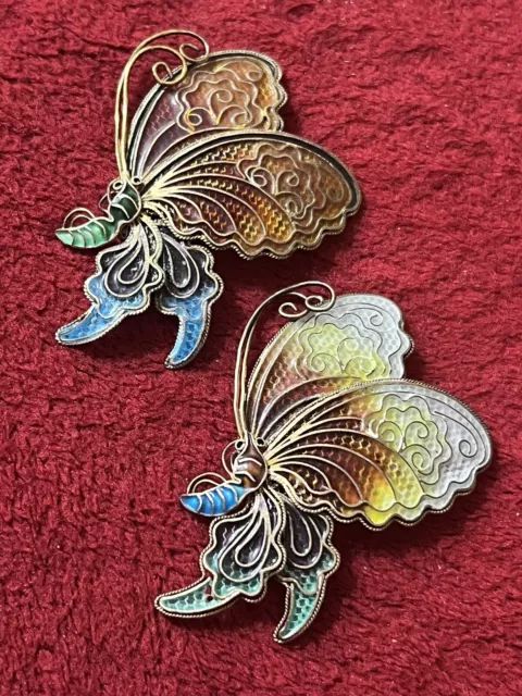 Plique A Jour Chinese Silver Filigree Work Pair Of Butterflies Brooches Vintage