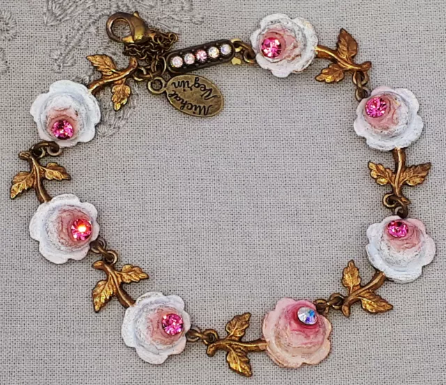 Michal Negrin Roses Bracelet White Pink Crystals Victorian Flowers Antique Retro