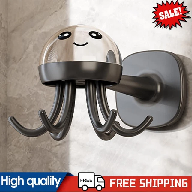 360 Rotating Octopus Hook Wall-Mounted with 6 Claws for Kitchen Bathroom (Grey)