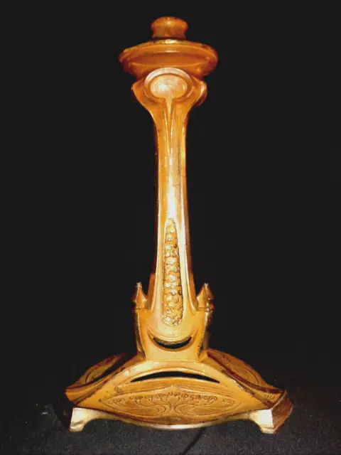 Pied Lampe A Petrole Art Nouveau Loetz Metal Dorè Patine D'epoque Vers 1900/20