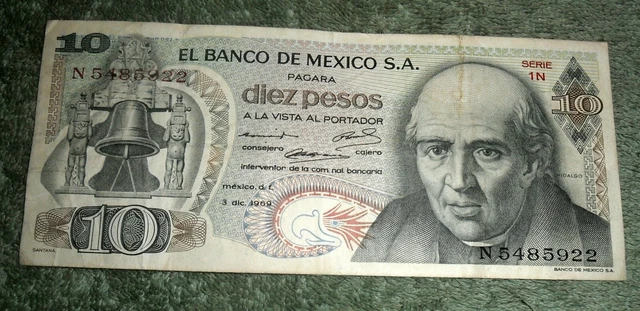 JB RFM 75799 Mexico 1969 10 Pesos Bank note. Folded. Circulated Condition